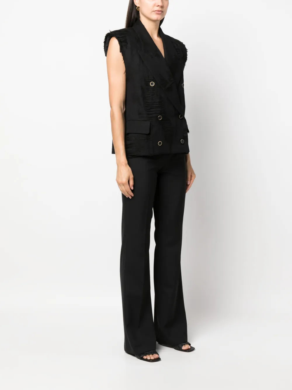 giacca, doppio petto, modello crop, revers a lancia, tasche con pattina, drappo, schiena scoperta, senza maniche, Composizione: 53% cotone 47% lino Istruzioni di lavaggio: lavare a mano