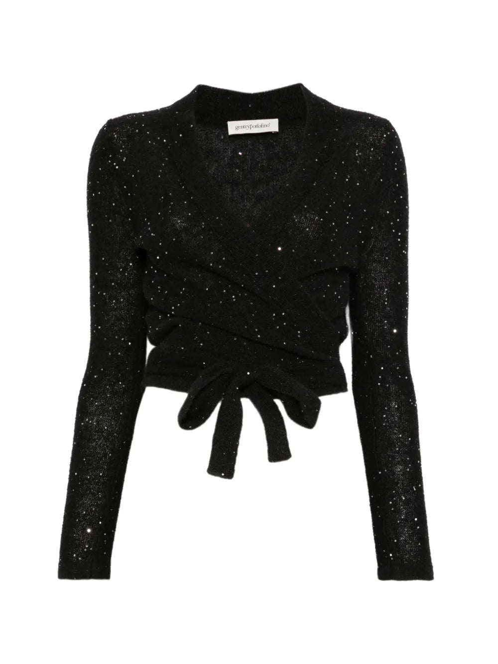 Cardigan incrociato in maglia alpaca e mohair con micropaillettes