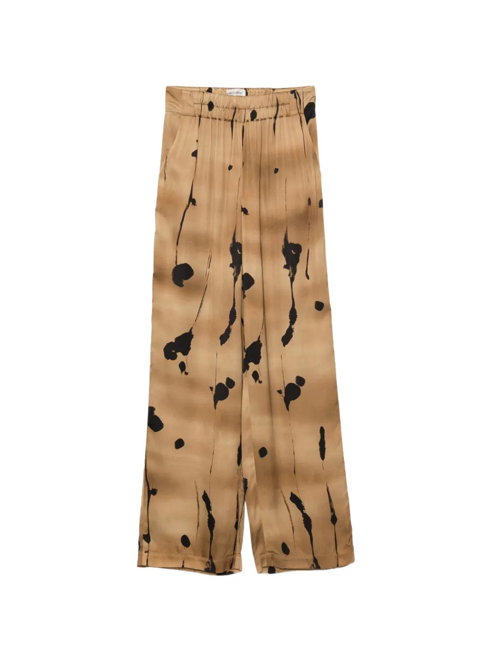 Pantalone gamba dritta in viscosa con stampa astratta cammello e nero