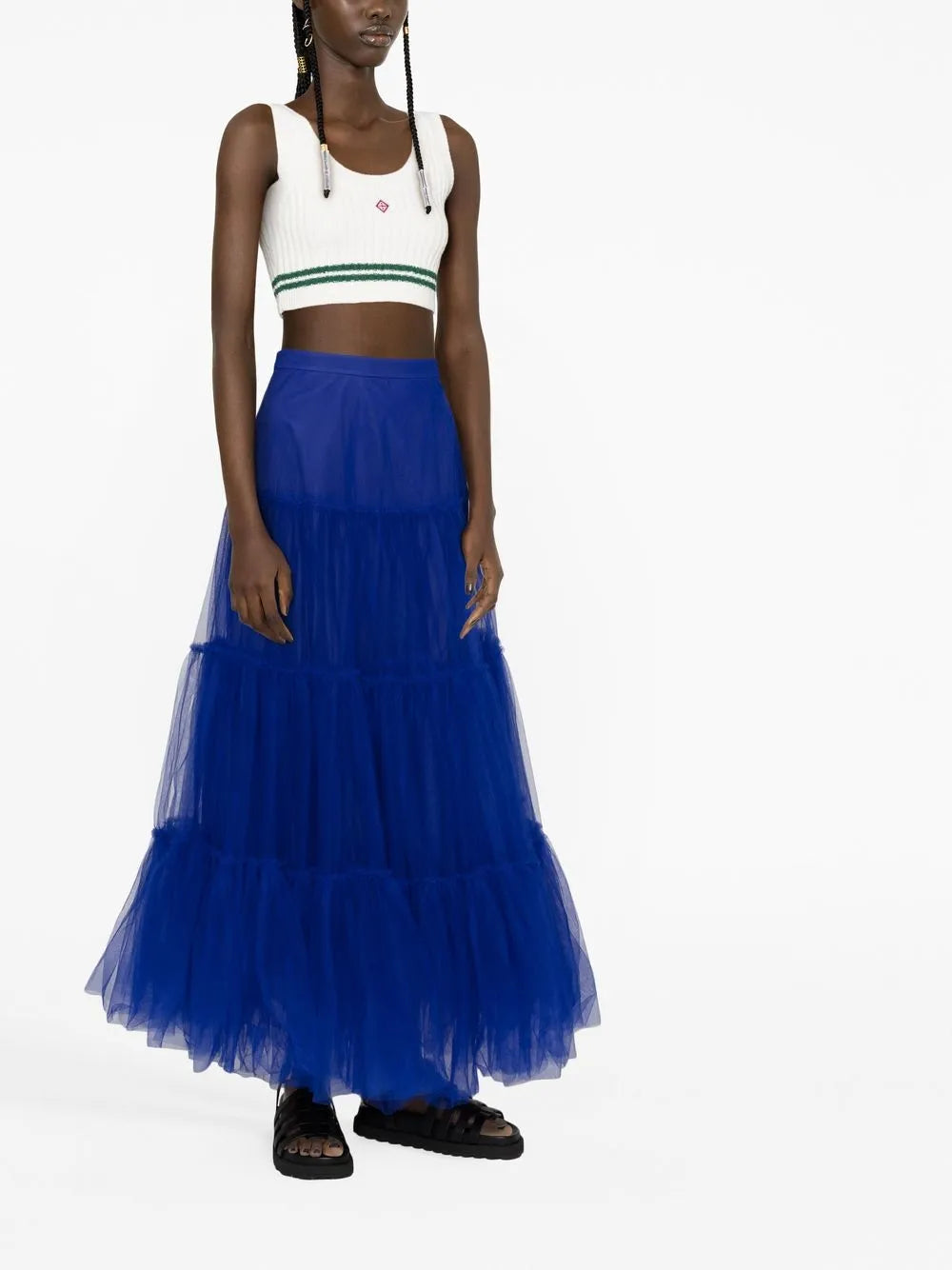 gonna midi, tulle, foderata, zip laterale, tessuto tulle doppiato con balze Composizione: 100% poliammide Istruzioni di lavaggio: lavare a mano