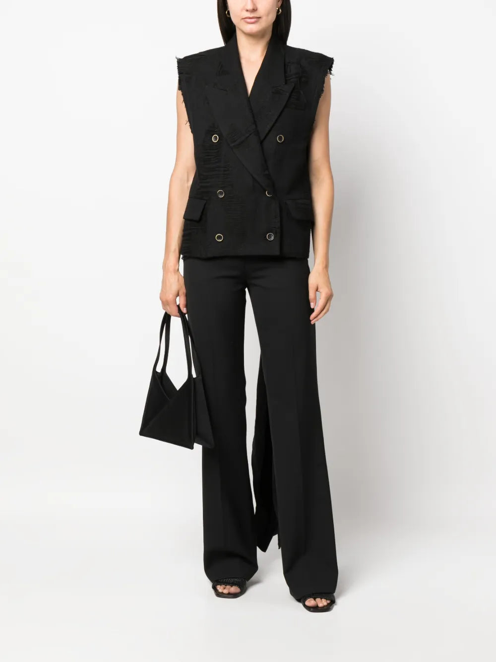 giacca, doppio petto, modello crop, revers a lancia, tasche con pattina, drappo, schiena scoperta, senza maniche, Composizione: 53% cotone 47% lino Istruzioni di lavaggio: lavare a mano